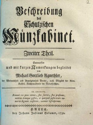 Beschreibung des Schulzischen Münzkabinet, Zweiter Theil