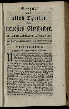 III. Nachlese. Coburg, den 19. Januar, 1763.
