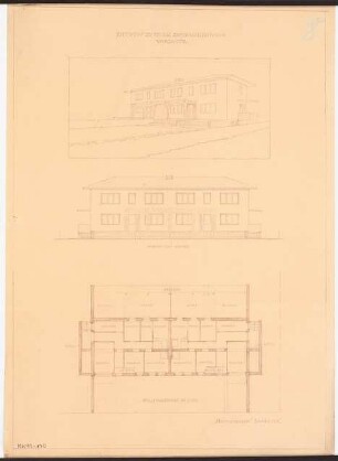 Zweifamilienhaus Monatskonkurrenz Februar 1930: Variante: Grundriss Keller, Aufriss Gartenansicht 1:100; perspektivische Ansicht