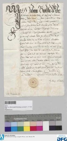 Dr. iur. utr. Johann Baptista Weber zu Pisenberg, kaiserlicher Geheimer Rat, stellt der Stadt Nürnberg Quittung aus über 550 fl. Stadtsteuer.