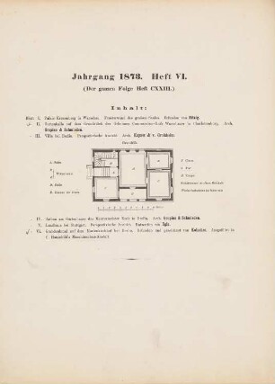 Villa bei Berlin: Inhaltsverzeichnis, Grundriss (aus: Architektonisches Skizzenbuch, H. 123/6, 1873)