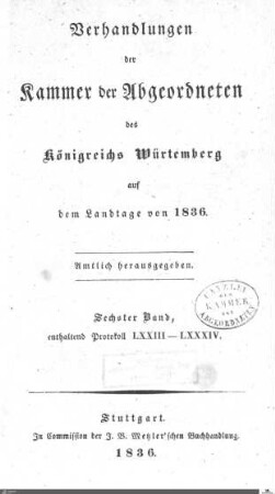 1,105: Landtag Württemberg - Kammer 2, Protokolle 1836, Bd. 6