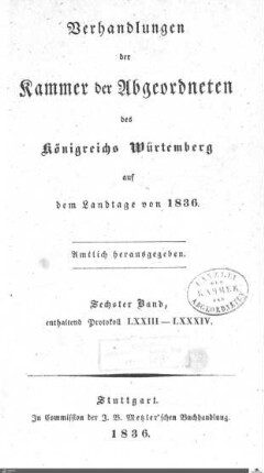 1,105: Landtag Württemberg - Kammer 2, Protokolle 1836, Bd. 6