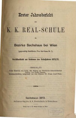 Jahresbericht der K.K. Realschule im Bezirke Sechshaus bei Wien. 1. 1872/73