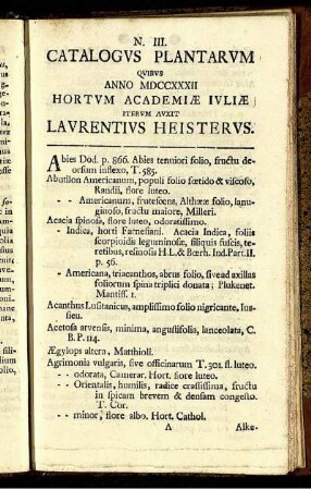 N. III. Catalogus Plantarum ...