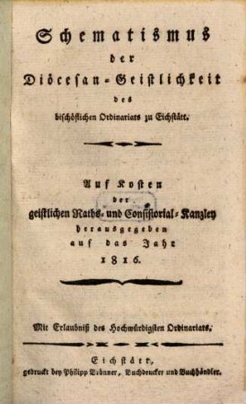 Schematismus der Diözese Eichstätt, 1816