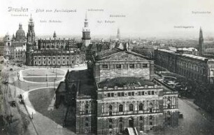 Dresden-Altstadt. Blick vom Fernheizwerk über das Opernhaus, Theaterplatz und Katholische Hofkirche nach Südosten
