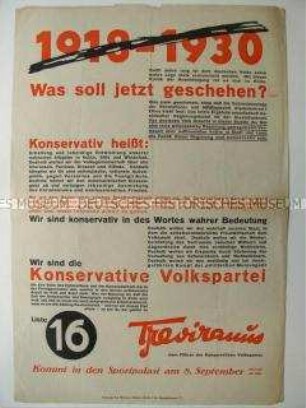 Sonderdruck der Konservativen Volkspartei zur Reichstagswahl 1930 mit Aufruf zu einer Kundgebung im Sportpalast