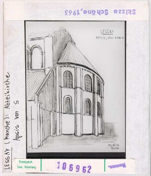 Lessay (Manche): Ehemalige Abteikirche, Apsis von Süden, Skizze von Wolfgang Schöne 1963