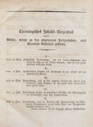 Chronologisches Inhalts-Verzeichniß aller Gesetze, welche zu den allgemeinen Polizeysachen, auch Sanitäts-Anstalten gehören
