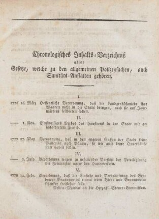 Chronologisches Inhalts-Verzeichniß aller Gesetze, welche zu den allgemeinen Polizeysachen, auch Sanitäts-Anstalten gehören