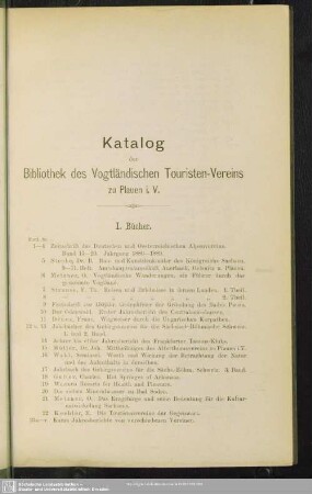 Katalog der Bibliothek des Vogtländischen Touristen-Vereins zu Plauen
