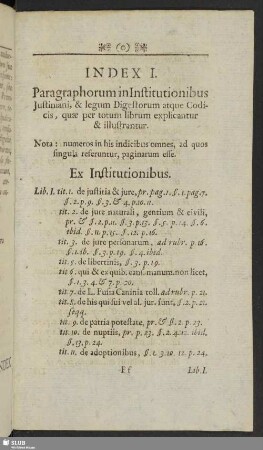 Index I. Paragraphorum in Institutionibus Justiniani, & legum Digestorum atque Codicis, quae per totum librum explicantur & illustrantur