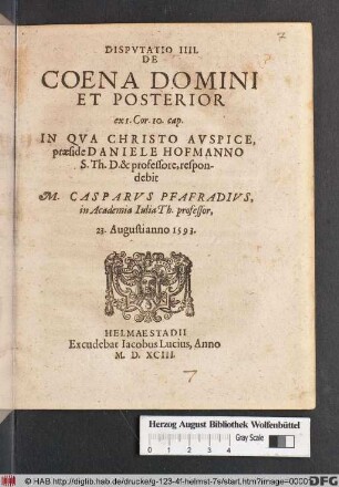 Dispvtatio. IIII. De Coena Domini Et Posterior ex 1. Cor. 10 cap.