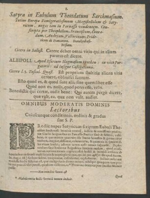 Omnibus Moderatis Dominis Lectoribus Cuiuscunque conditionis, ordinis & gradus sint S. P.