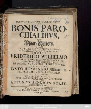 Dispvtatio Ivris Ecclesiastici, De Bonis Parochialibvs