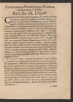 Controversiae Pandectarum Praecipuae a Respondente Collectae. Ex Libr. IX. Digest.