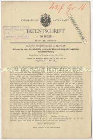 Patentschrift einer Verbesserung einer sich selbsttätig entleerenden Wägevorrichtung nebst zugehöriger Einschütt vorrichtung, Patent-Nr. 18029