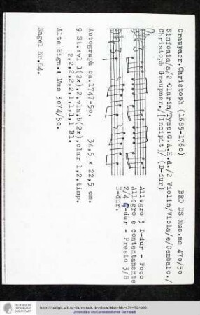 Sinfonia / a / 2 Clarin / Tymp: C. A. H. d. / 2 Violin / Viola / e / Cembalo. / Christoph Graupner. / [Incipit]
