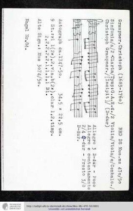 Sinfonia / a / 2 Clarin / Tymp: C. A. H. d. / 2 Violin / Viola / e / Cembalo. / Christoph Graupner. / [Incipit]
