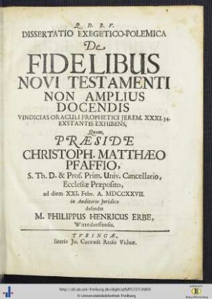 Dissertatio Exegetico-Polemica De Fidelibus Novi Testamenti Non Amplius Docendis : Vindicias Oraculi Pophetici Jerem. XXXI. 34. Exstantis Exhibens