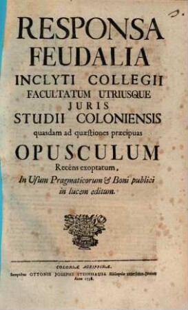 Responsa Feudalia diversorum Ictorum ... Henrici Rosentalii ...