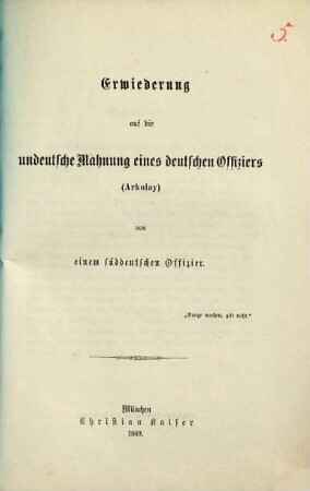 Erwiederung auf die undeutsche Mahnung eines deutschen Offiziers (Arkolay)
