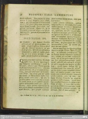 Institutio. XVI. De facultate, qua Summus Pontifex lacticiniis uti per Quadragesimam permisit