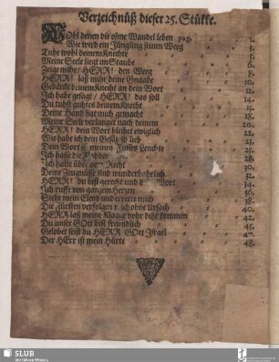 Verzeichnüß dieser 25. Stükke. [Inhaltverzeichnis]