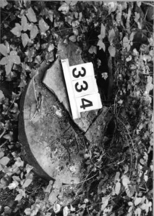 Grabstein 334 (Index: 99803519) Material: Sandstein Zustand: auf Inschriftenfeld gefallen Maße HxBxT: 0x0x0 cm Beschreibung: Fragment(Stele mit Rundbogen): Grabstein 334