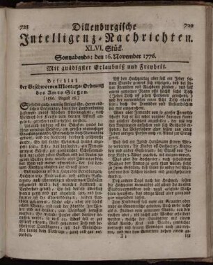 XLVI. Stück: Sonnabends: den 16. November 1776.