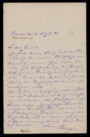 Nr. 9: Brief von Carl Runge an Adolf Hurwitz, Bremen, 31.8.1882
