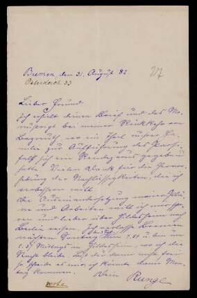 Nr. 9: Brief von Carl Runge an Adolf Hurwitz, Bremen, 31.8.1882