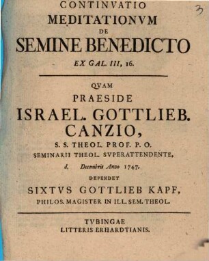 Continvatio Meditationvm De Semine Benedicto Ex Gal. III, 16.
