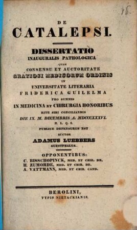 De catalepsi : Diss. inaug. pathol.