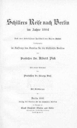 Schillers Reise nach Berlin im Jahre 1804 : nach einer hinterlassenen Handschrift des Majors Seidel