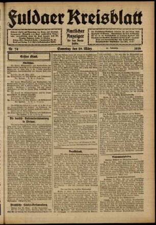Erste Ausgabe vom Samstag, den 29. März 1919.