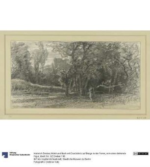 Wald und Bach mit Durchblick auf Berge in der Ferne, vorn eine stehende Figur