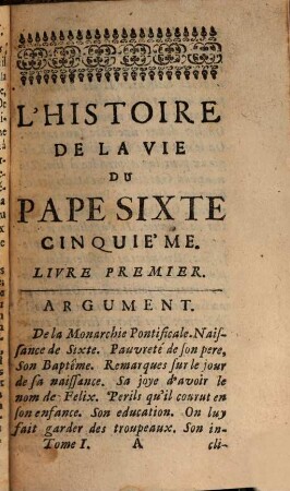 L' Histoire De La Vie Du Pape Sixte Cinquieme. 1