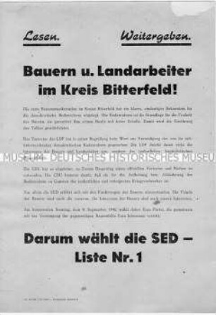 Wahlaufruf der SED an die Landbevölkerung des Kreises Bitterfeld