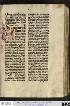 Incipit legenda sanctorum que lombardica nominatur historia. Et primo de festivitatibus que occurrunt infra tempus renovationis quod representat ecclesia ab adventu usque ad nativitatem domini.