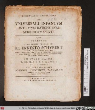 Dissertatio Theologica De Vniversali Infantvm Ante Vsam Rationis Svae Morientivm Salvte