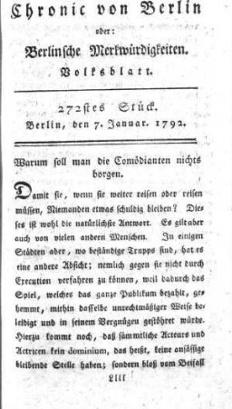 272stes Stück, Berlin, den 7. Januar. 1792