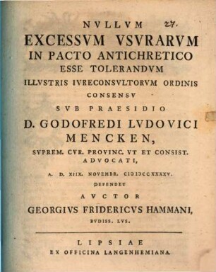 Nvllvm excessvm vsvrarvm in pacto antichretico esse tolerandvm