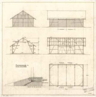 Littmann, Max; Bocksberg; Hofgut, Feldscheune, Tenne und Silo - Feldscheune (Grundriss, Ansichten, Schnitte, Detail)