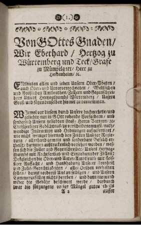 Fürstl. Würtemb. Zoll-Ordnung.