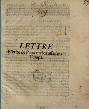 Lettre escrite de Paris, sur les affaires du temps