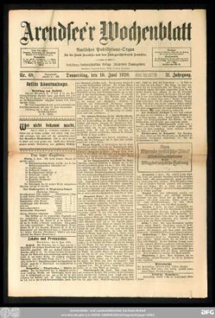 Arendsee'r Wochenblatt, Nr. 68. Donnerstag, den 10. Juni 1920.