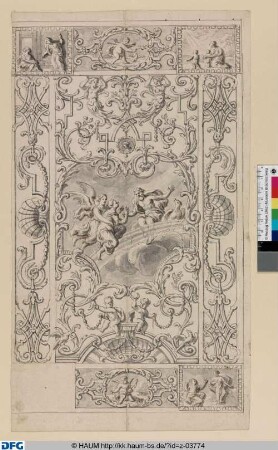 Entwurf für das Rahmenwerk einer rechteckigen Decke mit einem von Grotesken gefassten Deckenspiegel, darin eine von einem Engel auf einem Regenbogen zu Jupiter emporgetragene Frau