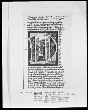 Stephan von Paris, Auslegung der Regel des heiligen Benedikt — Initiale D, darin Benedikt gibt Anweisungen für Klosterbau, Folio 46recto